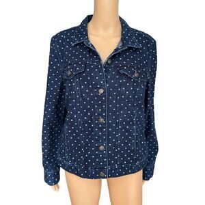 Liz Claiborne Jean Jacket Denim Dark Blue Polka Dots Pockets size XL